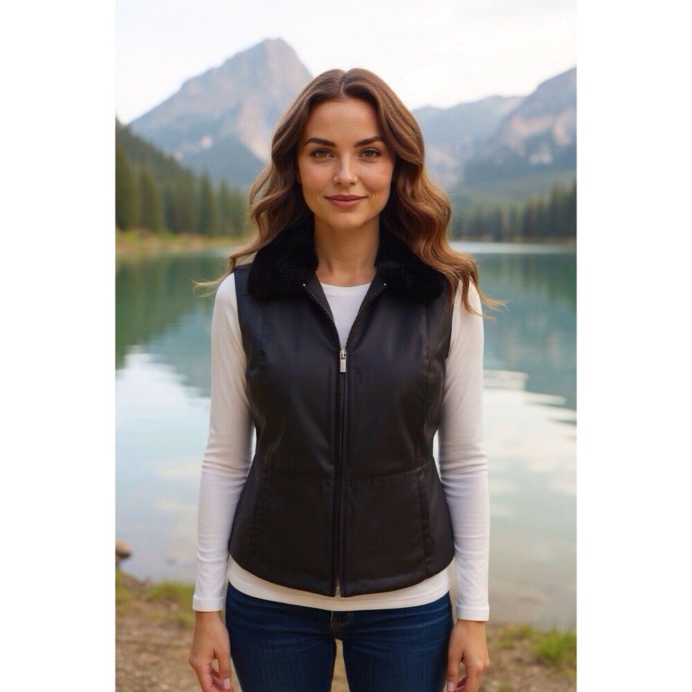 Ann Taylor Womens Size MEDIUM Black Faux Fur Lined Full Zip Nylon Vest Jacket
